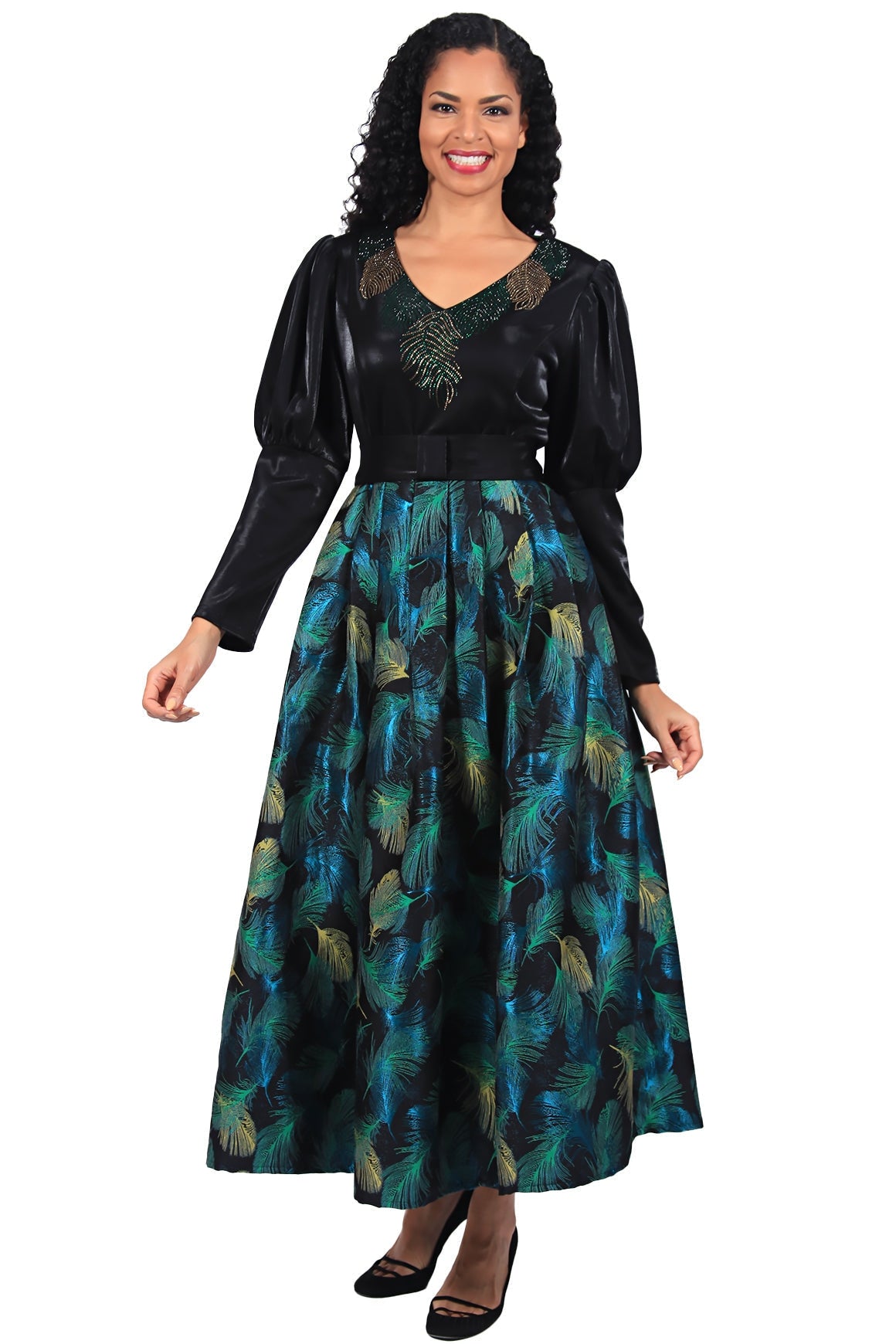 Diana Couture Church Dress 8665C-Black/Green - Church Suits For Less