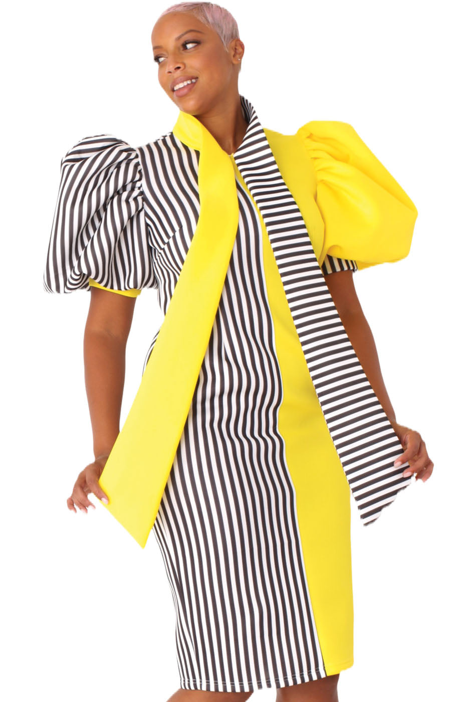 For Her Women Dress 81822C-Yellow/Stripes - Church Suits For Less