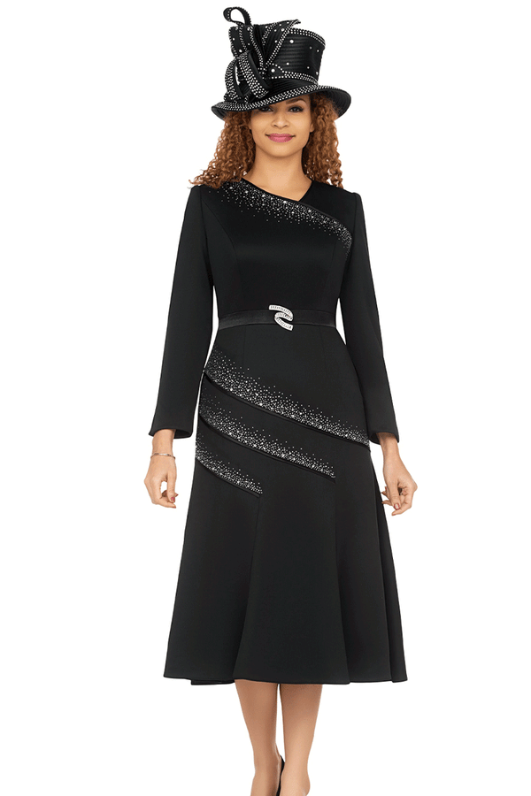 black church lady dresses Lisa Rene Dress 3387-Black One piece women church dress by Diana Couture Floral print midi dress with portrait collar and flare sleeves Perfect for church Black Church Dresses For Women
