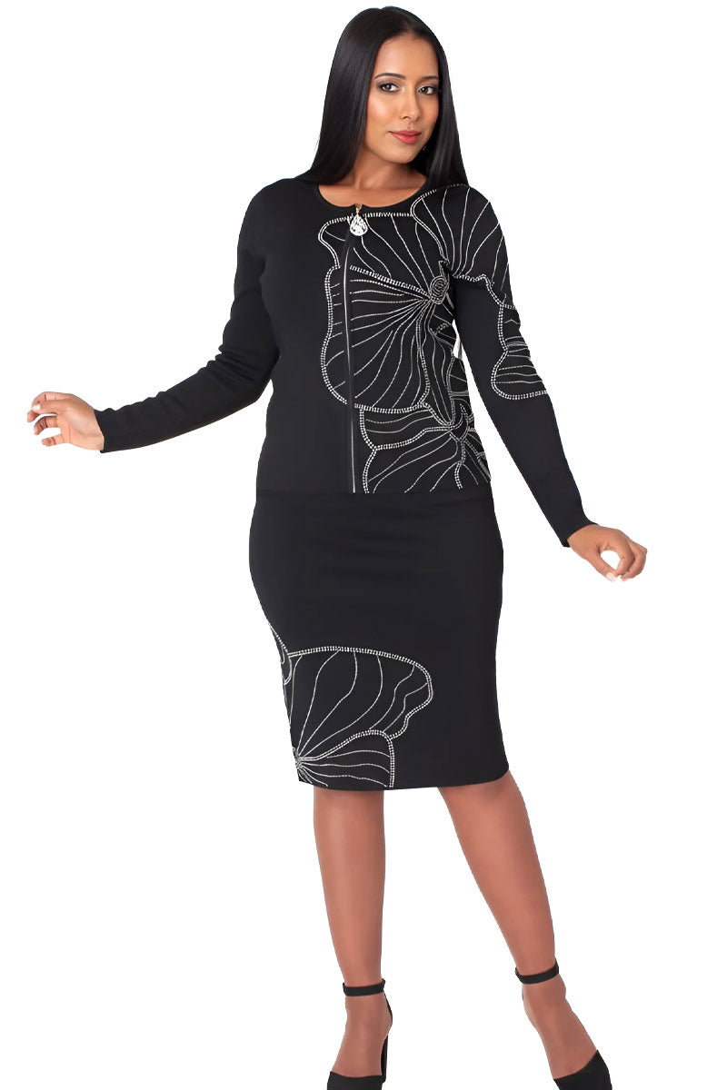 Kayla Knit Skirt Suit 5345-Black/Silver