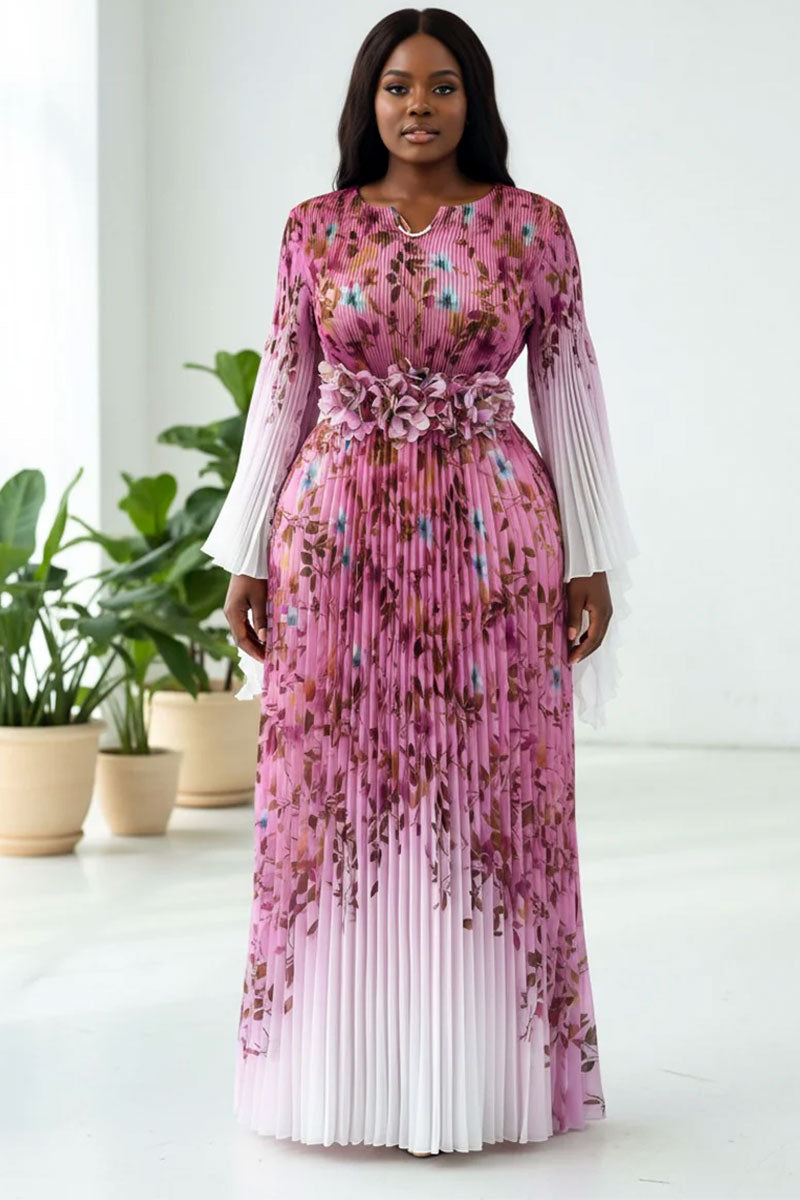 Pleated Maxi Dress with Statement Waist 83002- Pink Multi