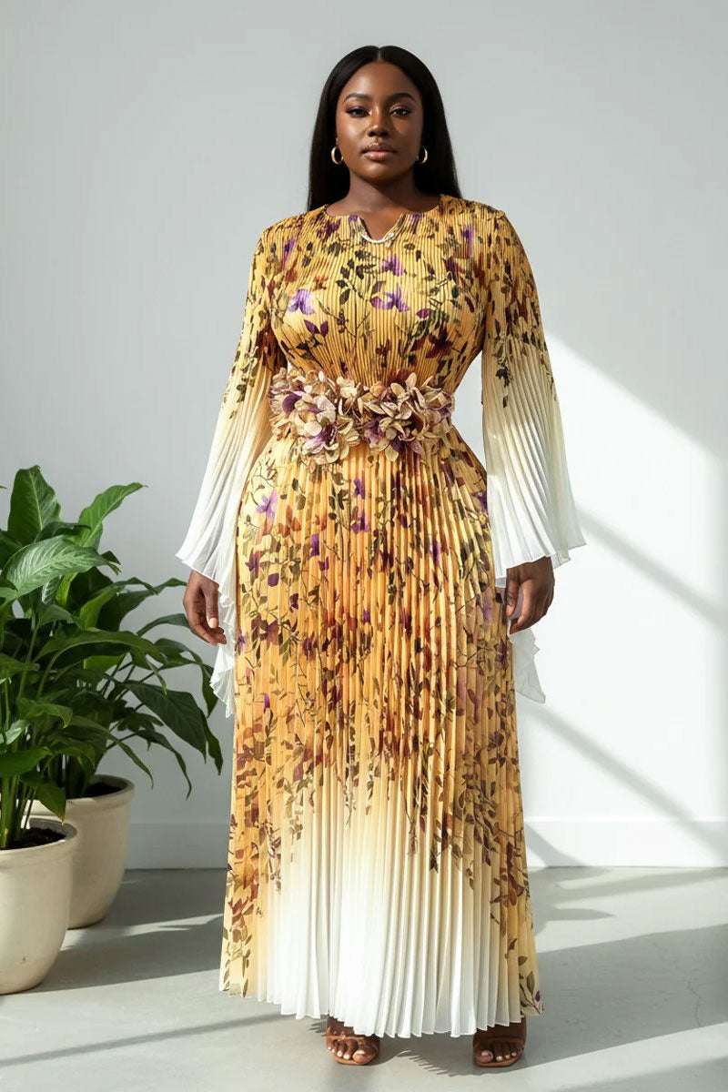 Pleated Maxi Dress with Statement Waist 83002- Yellow Multi