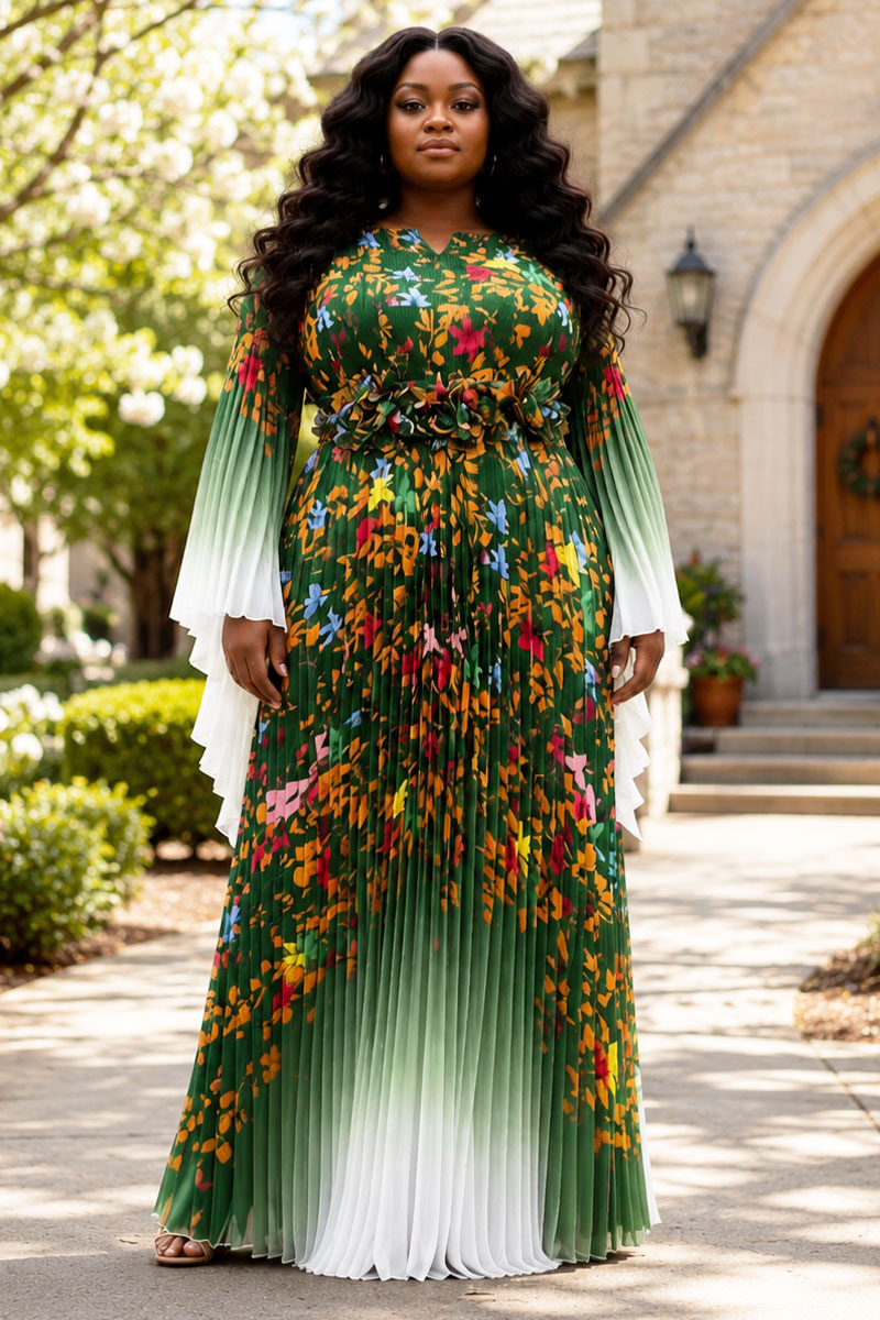 Pleated Maxi Dress with Statement Waist 83002-Emerald