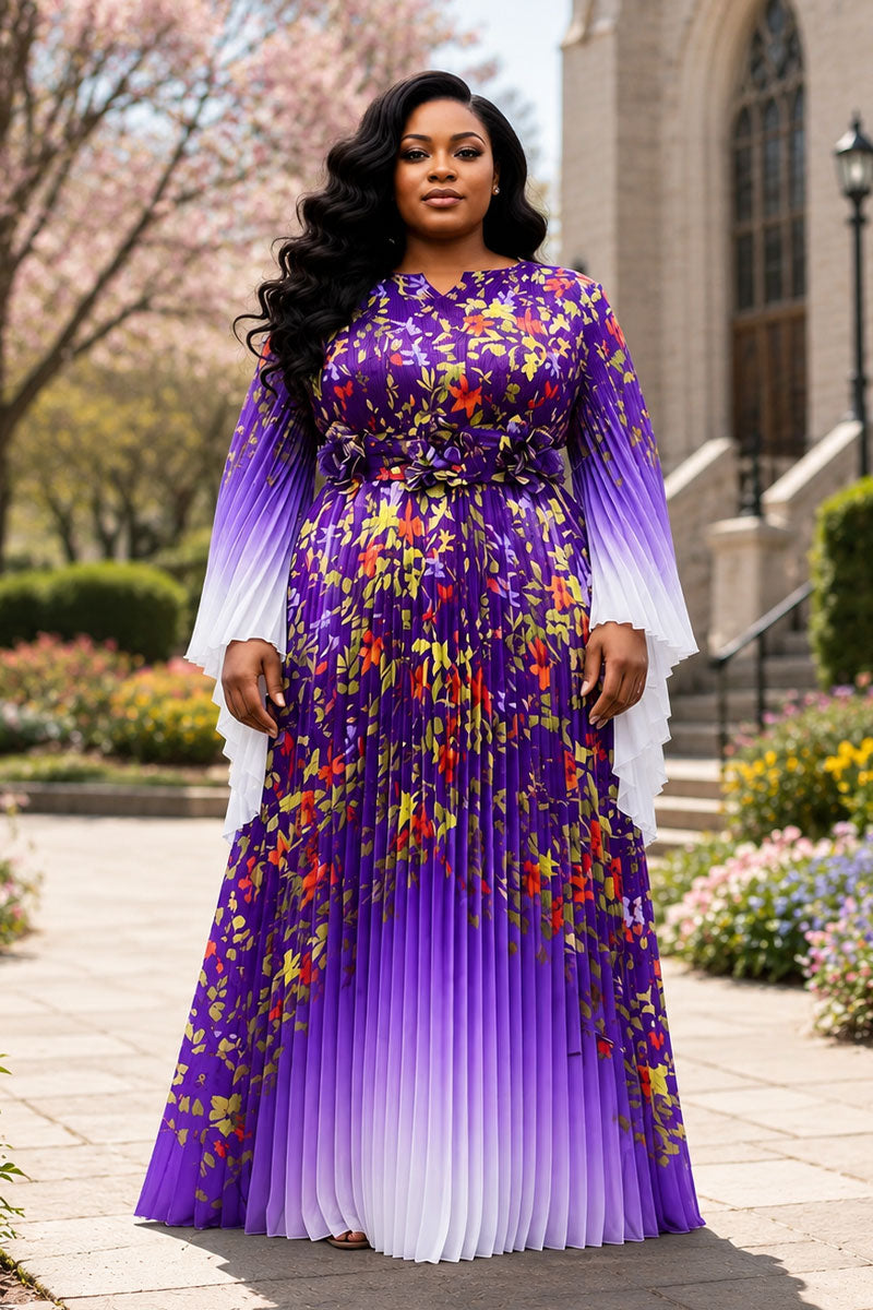 Pleated Maxi Dress with Statement Waist 83002- Purple
