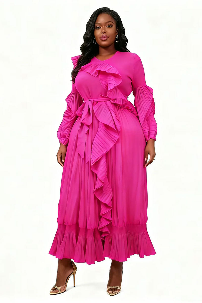 Ruffle Pleated Midi Dress 83014-Raspberry