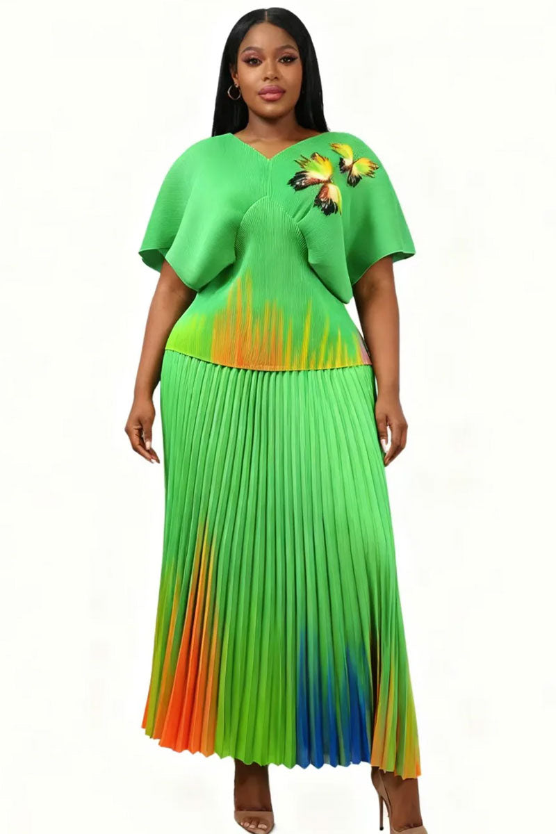 Gradient Pleated Skirt Set 83016-Green Multi