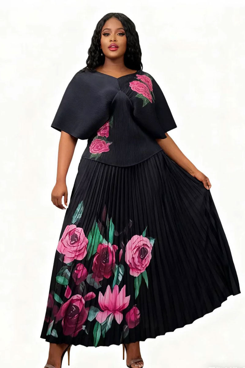 Elegance Pleated Skirt Set 83025-Black Multi