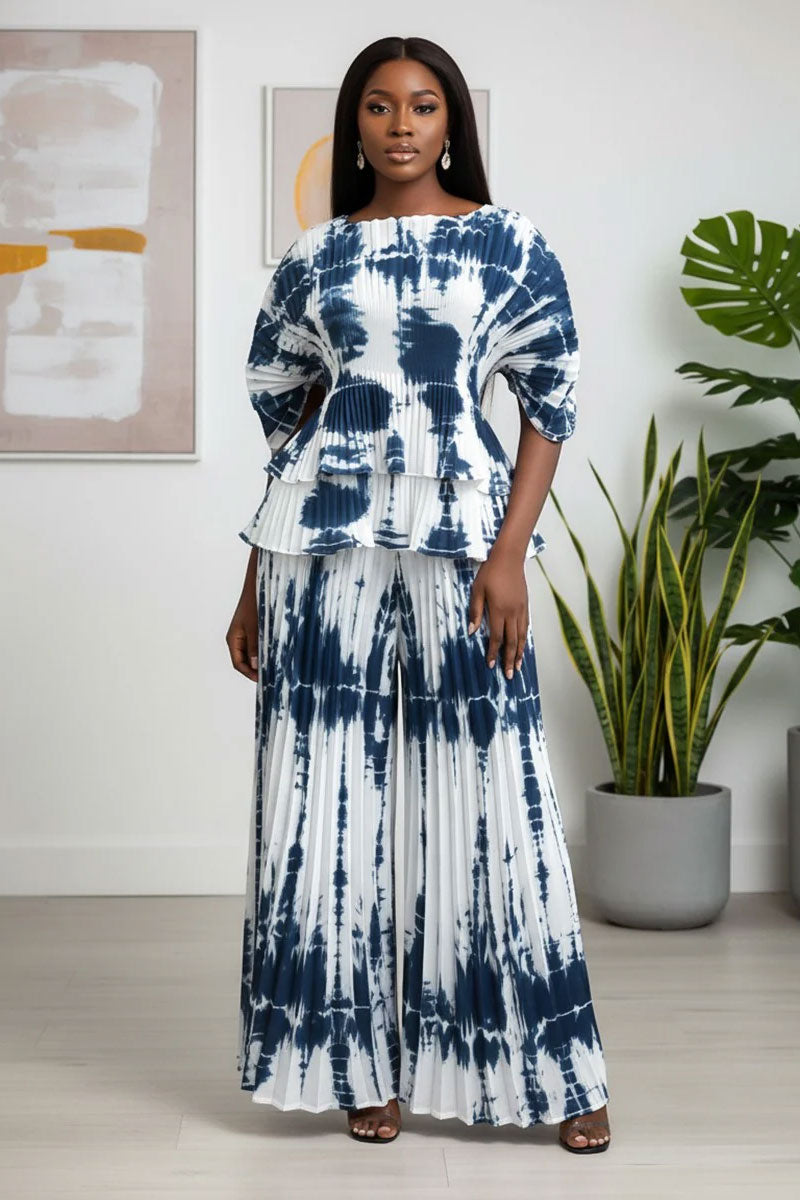 Pleated Tie-Dye Peplum Pantset - 82999-Blue/White