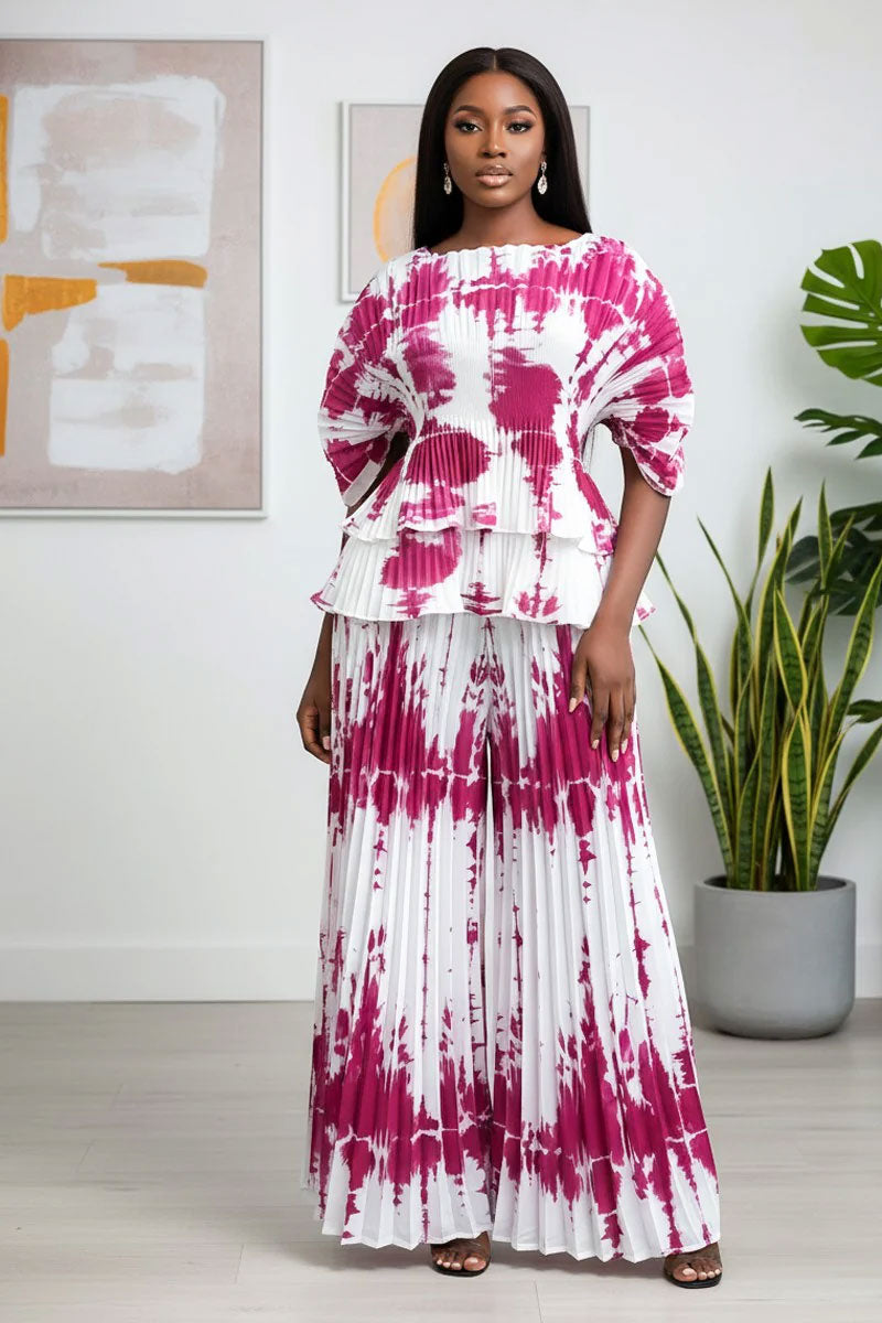 Pleated Tie-Dye Peplum Pantset - 82999-Pink/White
