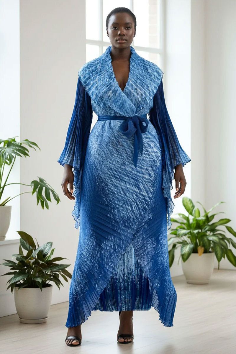 Pleated Wrap Dress 82997-Blue