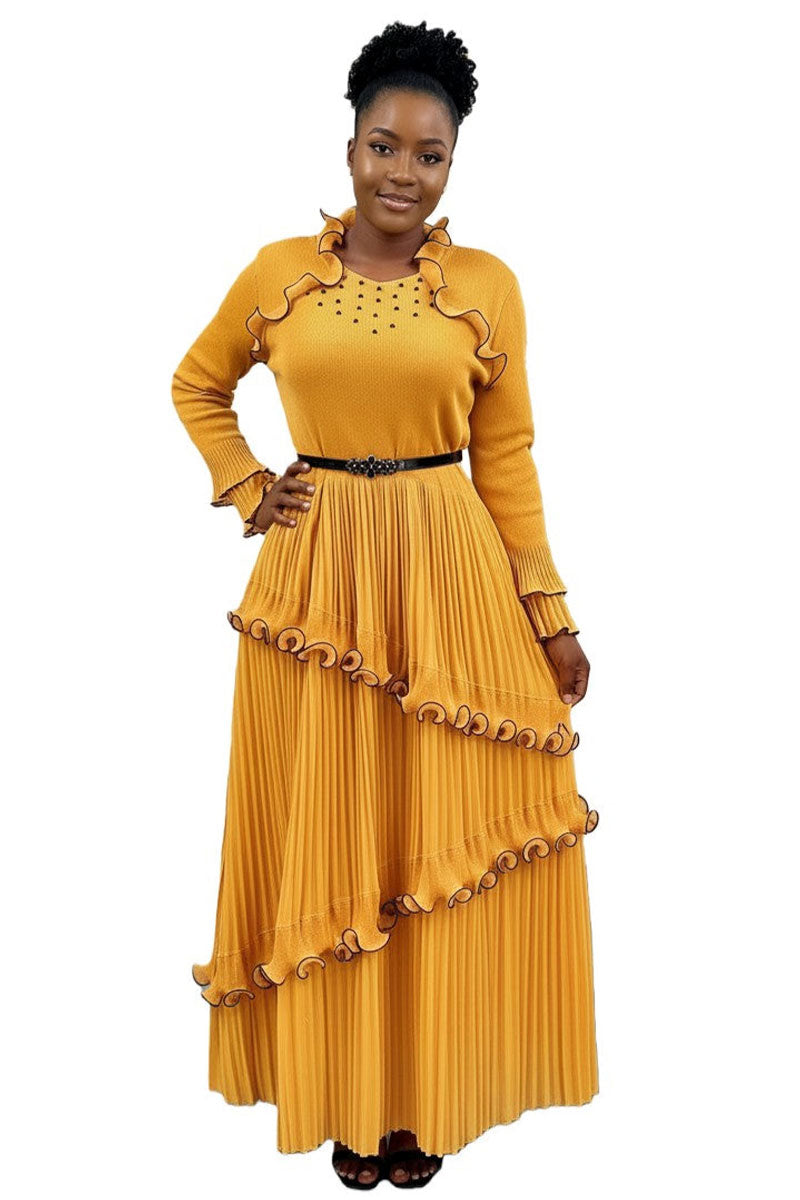 Pleated Ruffle Trim Maxi Dress 82998-Yellow