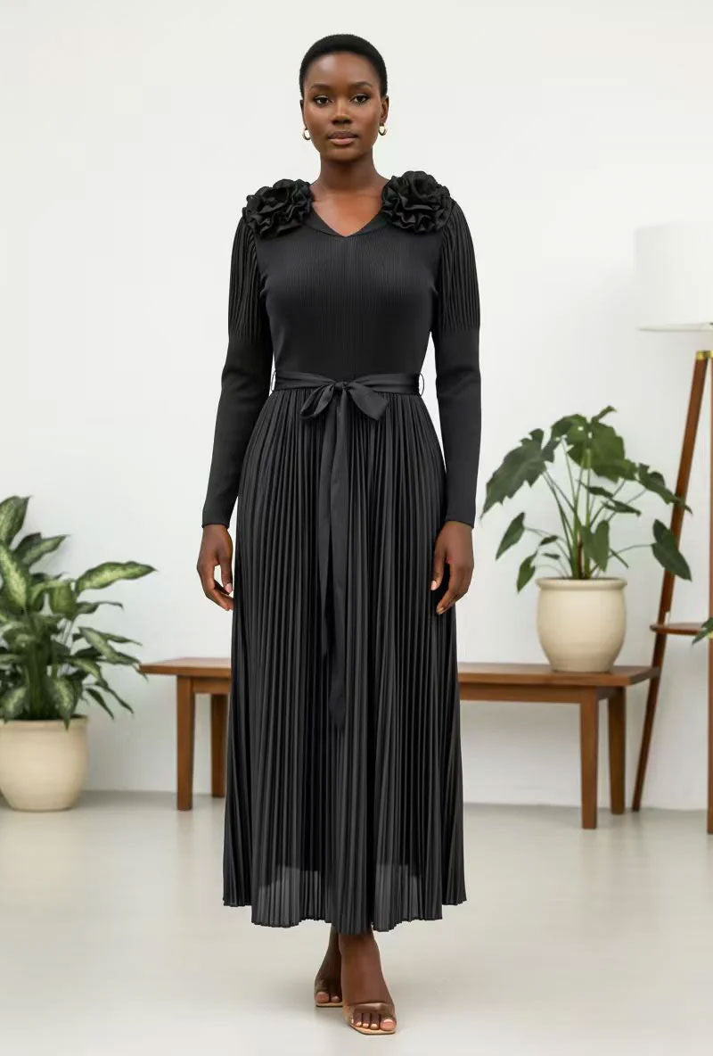 Pleated Rosette Shoulder Midi Dress-83003-Black