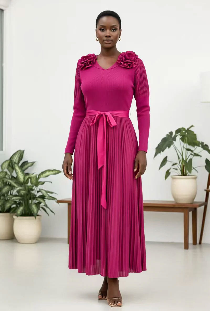 Pleated Rosette Shoulder Midi Dress-83003-Pink