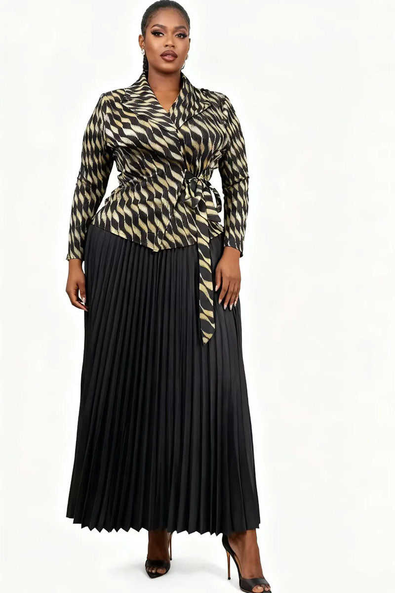 Pleated Skirt & Wrap Jacket Set 83009-Black Multi