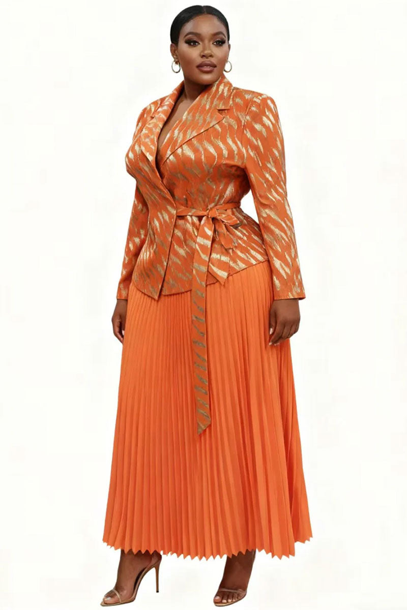 Pleated Skirt & Wrap Jacket Set 83009-Orange Multi
