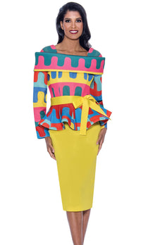 Stellar Looks Skirt Suit 1902C-Yellow/Multi - Church Suits For Less