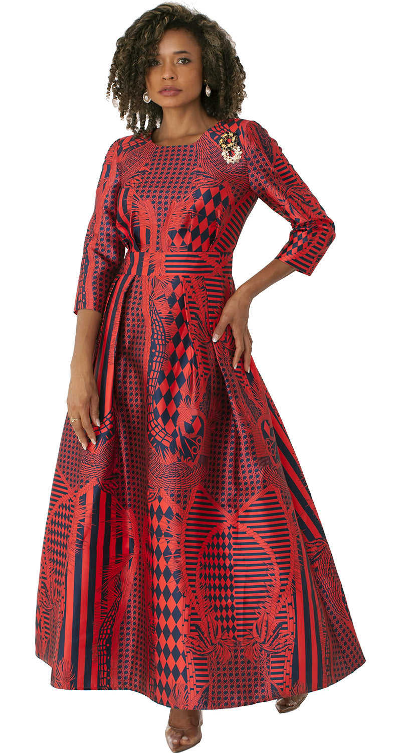 Tally Taylor Church Dress 4497C-Fire Red/Navy - Church Suits For Less