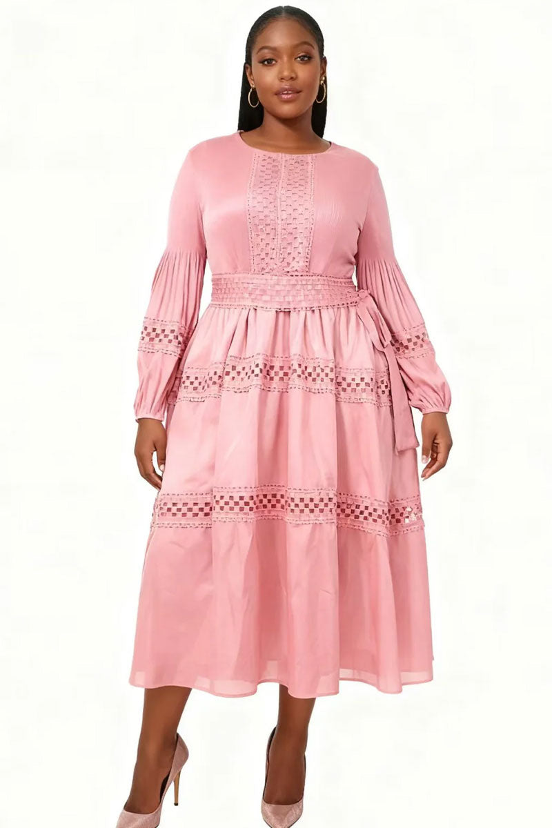 Lace Reverie Tiered Midi Dress 83023-Pink