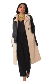 Two-Tone Leather Sleeve Trench Coat -82525