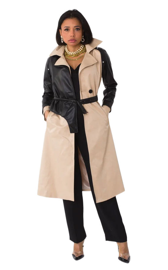 Two-Tone Leather Sleeve Trench Coat -82525