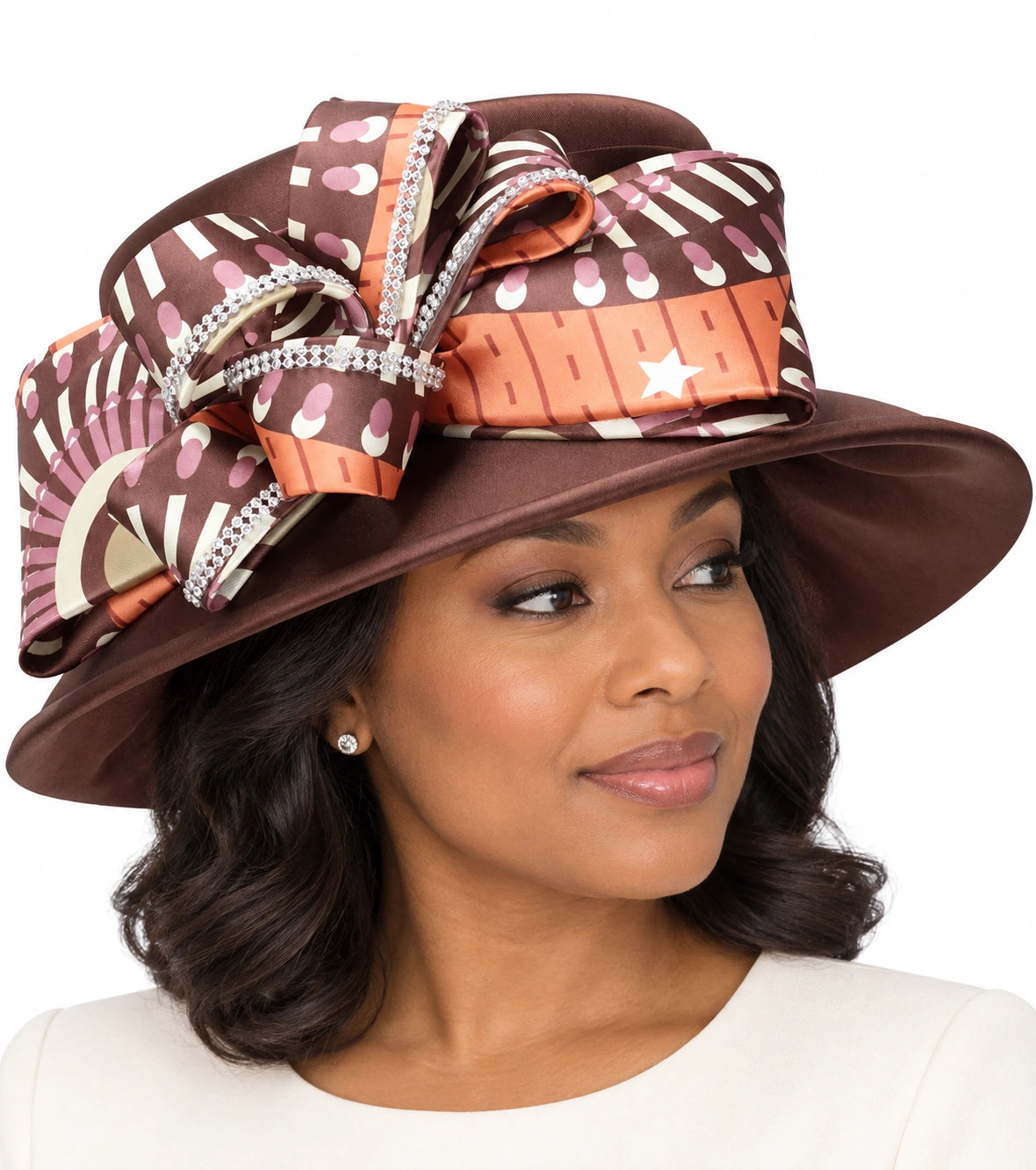 Giovanna Church Hat H0960-Brown Multi worn by a woman