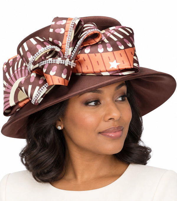 Giovanna Church Hat H0960-Brown Multi worn by a woman