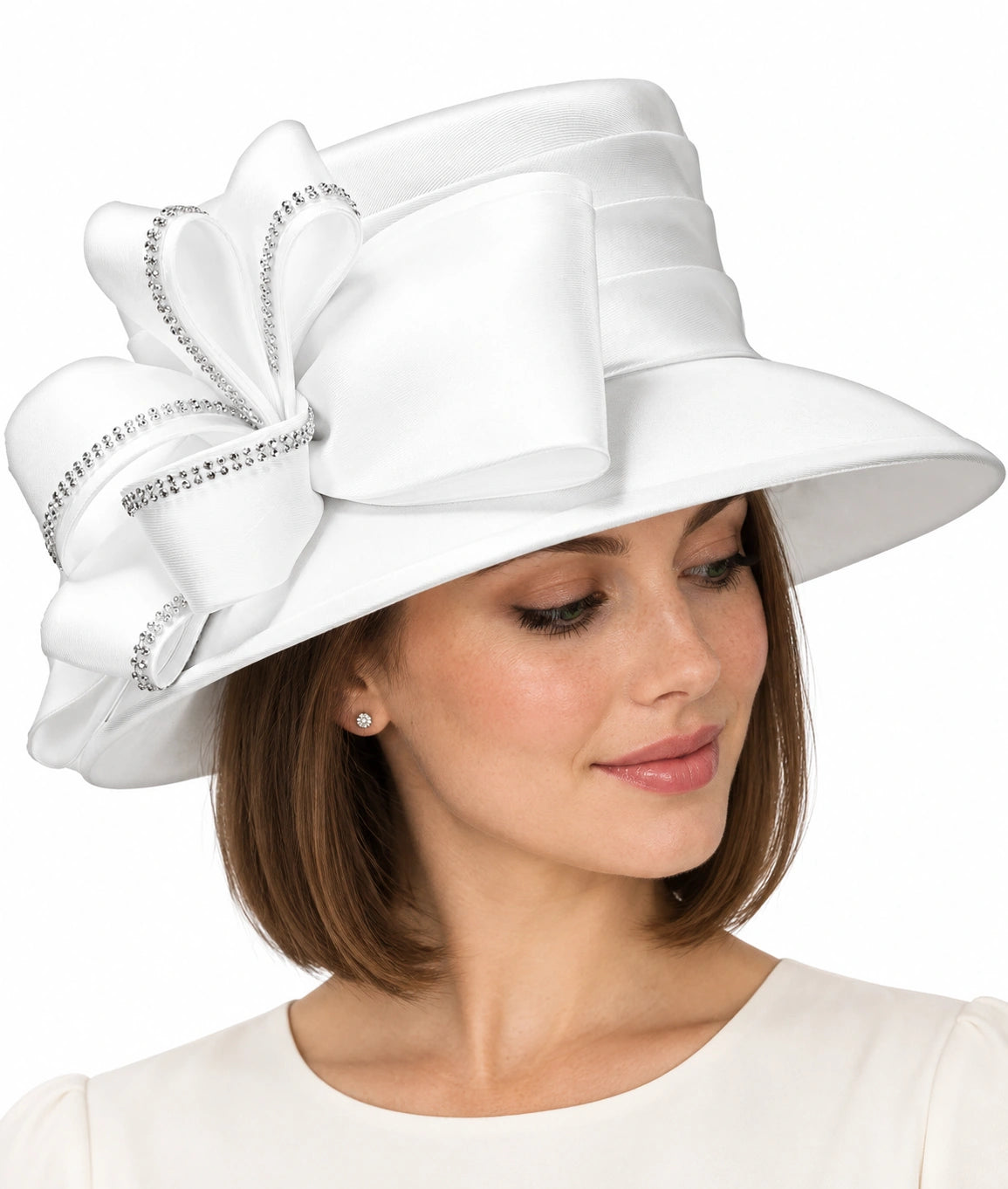 Giovanna Church Hat H0960-White worn by a woman