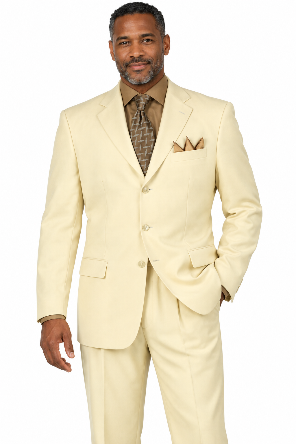 Model wearing Vinci 3PPC ivory three-button men’s church suit