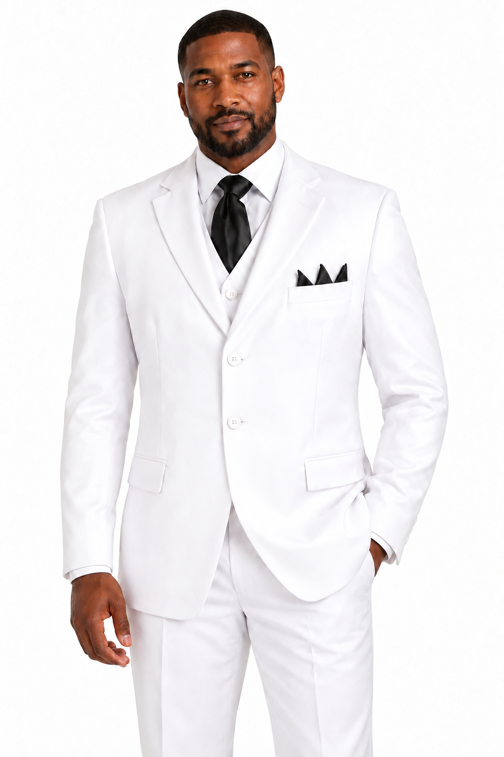 Model wearing Vinci 3TR-3C white three-piece men’s church suit with matching vest