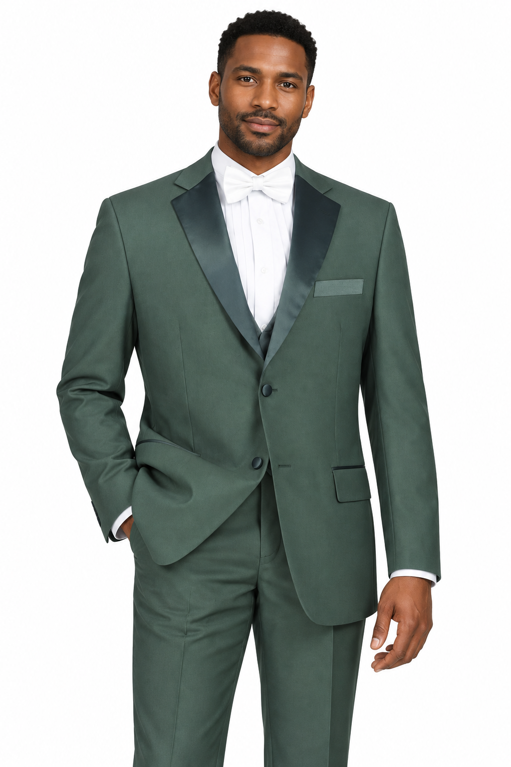 Model wearing Vinci T-2PPC grey two-piece tuxedo with satin lapels